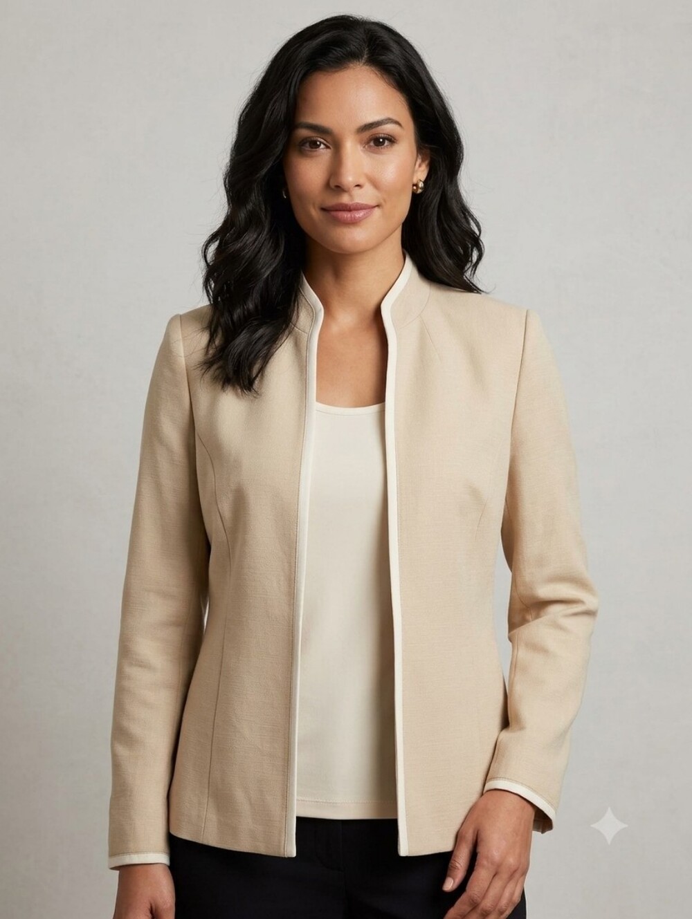 Kasper Linen Beige Open-Front Lightweight Top And Blazer Set Size 10